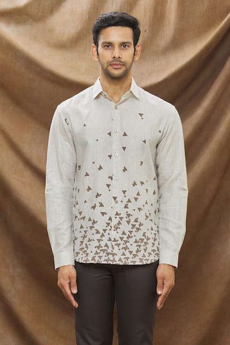 Shop_Vivek Karunakaran_Beige Linen Geometric Print Shirt _Online_at_Aza_Fashions