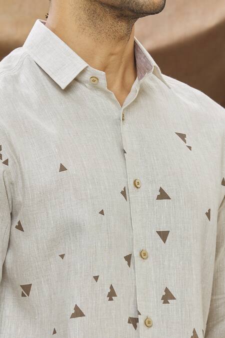 Vivek Karunakaran_Beige Linen Geometric Print Shirt _at_Aza_Fashions