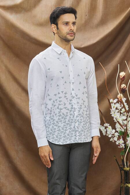 Vivek Karunakaran White Linen Geometric Print Shirt Online at Aza Fashions Vivek Karunakaran_White Linen Geometric Print Shirt _Online_at_Aza_Fashions