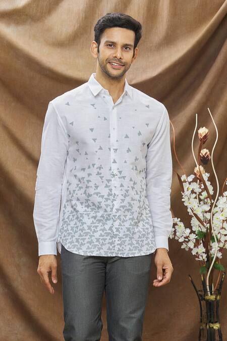Buy Vivek Karunakaran White Linen Geometric Print Shirt Online at Aza Fashions Buy_Vivek Karunakaran_White Linen Geometric Print Shirt _Online_at_Aza_Fashions