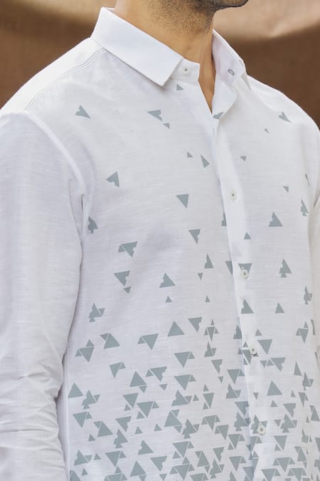 Vivek Karunakaran White Linen Geometric Print Shirt at Aza Fashions Vivek Karunakaran_White Linen Geometric Print Shirt _at_Aza_Fashions