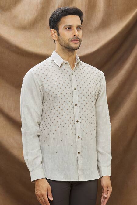 Vivek Karunakaran Beige Linen Thread Work Star Embroidered Shirt Online at Aza Fashions Vivek Karunakaran_Beige Linen Thread Work Star Embroidered Shirt _Online_at_Aza_Fashions