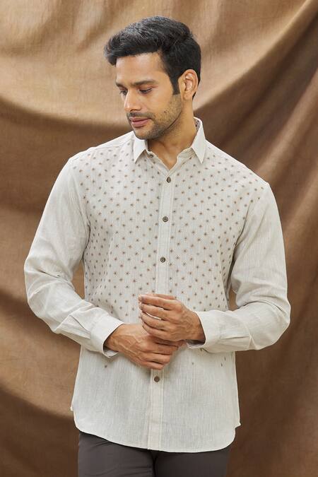 Buy Vivek Karunakaran Beige Linen Thread Work Star Embroidered Shirt Online at Aza Fashions Buy_Vivek Karunakaran_Beige Linen Thread Work Star Embroidered Shirt _Online_at_Aza_Fashions