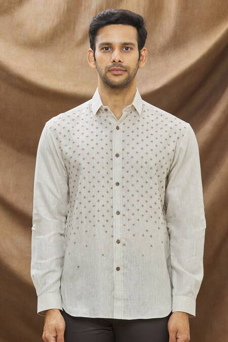Shop Vivek Karunakaran Beige Linen Thread Work Star Embroidered Shirt Online at Aza Fashions Shop_Vivek Karunakaran_Beige Linen Thread Work Star Embroidered Shirt _Online_at_Aza_Fashions