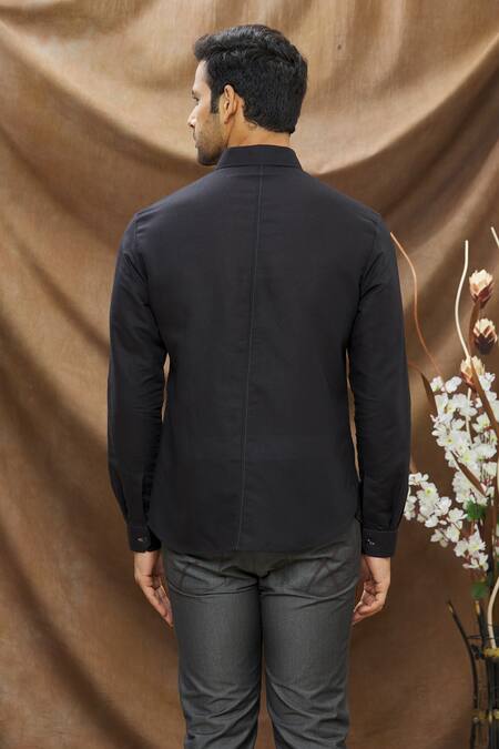 Shop_Vivek Karunakaran_Black Linen Thread Work Star Embroidered Shirt _at_Aza_Fashions