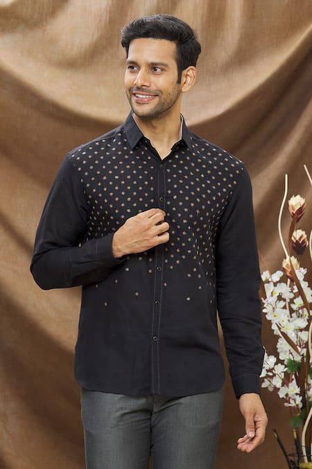 Buy_Vivek Karunakaran_Black Linen Thread Work Star Embroidered Shirt _Online_at_Aza_Fashions