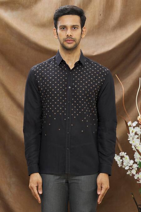 Shop_Vivek Karunakaran_Black Linen Thread Work Star Embroidered Shirt _Online_at_Aza_Fashions