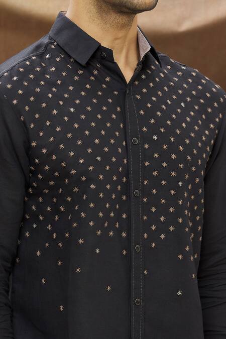 Vivek Karunakaran_Black Linen Thread Work Star Embroidered Shirt _at_Aza_Fashions