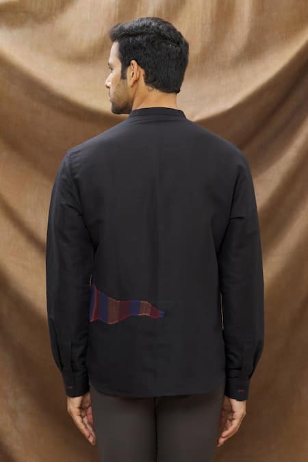 Shop Vivek Karunakaran Black Cotton Linen Thread Work Topstitch Shirt at Aza Fashions Shop_Vivek Karunakaran_Black Cotton Linen Thread Work Topstitch Shirt _at_Aza_Fashions