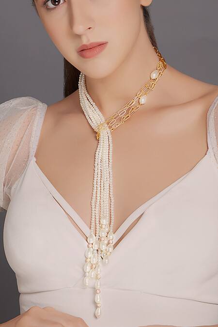 Joules by Radhika_White Swarovski Chain Pearl Shawl Necklace_Online_at_Aza_Fashions