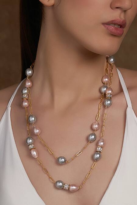 Joules By Radhika_Gold Plated Swarovski Nysha Oval Shell Pearls Necklace Set Of 2_Online_at_Aza_Fashions