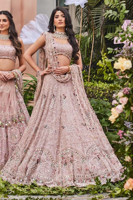 Buy_Surabhichopralabel_Pink Organza And Tulle Crystal, Birds Of Paradise Embroidered Bridal Lehenga Set_Online_at_Aza_Fashions