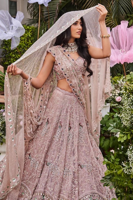 Shop_Surabhichopralabel_Pink Organza And Tulle Crystal, Birds Of Paradise Embroidered Bridal Lehenga Set_Online_at_Aza_Fashions
