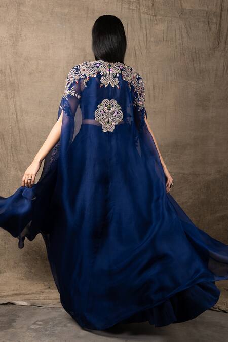 Nupur Kanoi_Blue Organza And Crepe Mirror & Sequin, Coin, Floral Embroidered Cape Pant Set_Online_at_Aza_Fashions