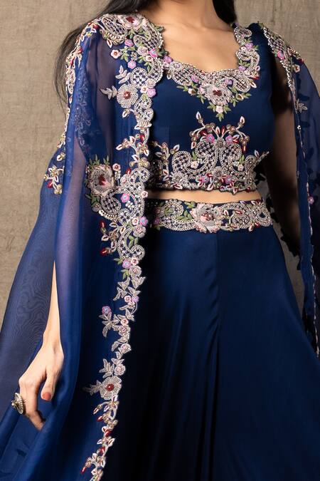 Shop_Nupur Kanoi_Blue Organza And Crepe Mirror & Sequin, Coin, Floral Embroidered Cape Pant Set_Online_at_Aza_Fashions