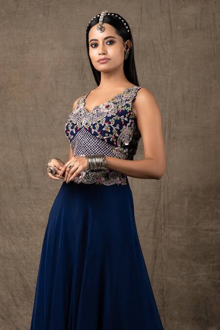 Buy_Nupur Kanoi_Blue Crepe Coin And Sequin, Zardozi V Neck Embroidered Blouse & Flared Pant Set_Online_at_Aza_Fashions