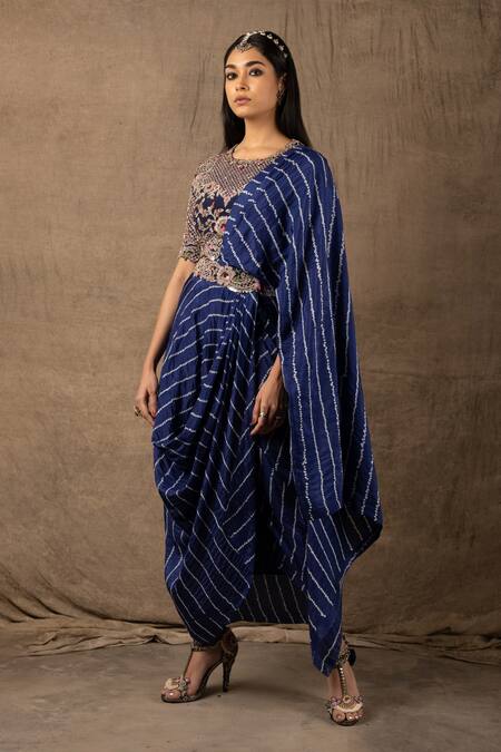 Nupur Kanoi_Blue Silk And Crepe Coin, Sequin & Bandhani, Print Pre-draped Saree With Blouse_Online_at_Aza_Fashions