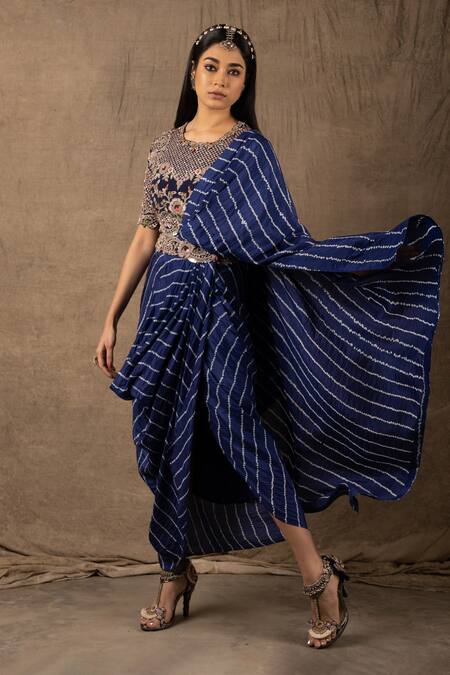 Buy_Nupur Kanoi_Blue Silk And Crepe Coin, Sequin & Bandhani, Print Pre-draped Saree With Blouse_Online_at_Aza_Fashions
