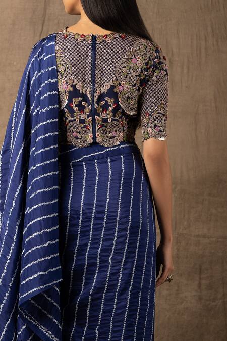 Shop_Nupur Kanoi_Blue Silk And Crepe Coin, Sequin & Bandhani, Print Pre-draped Saree With Blouse_Online_at_Aza_Fashions