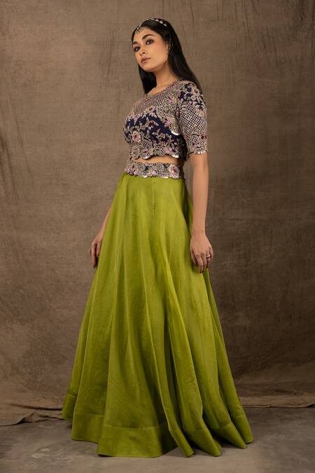Nupur Kanoi_Green Organza And Crepe Mirror & Sequin, Coin, Lehenga & Embroidered Blouse Set_Online_at_Aza_Fashions