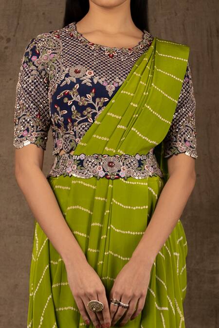 Buy_Nupur Kanoi_Green Crepe Coin, Sequin And Bandhani, Cowl Pre-draped Printed Saree With Blouse_Online_at_Aza_Fashions