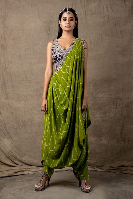 Nupur Kanoi Green Crepe Embroidery And Print Pre-draped Dhoti Saree With Blouse  