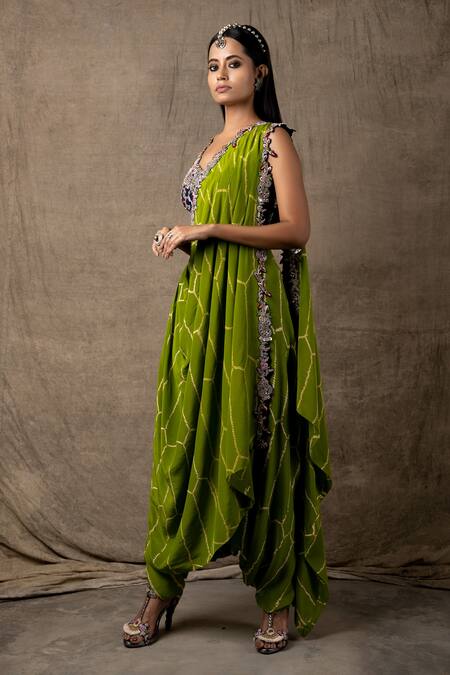 Buy_Nupur Kanoi_Green Crepe Coin, Sequin And Bandhani, Zardozi Pre-draped Dhoti Saree With Blouse_Online_at_Aza_Fashions
