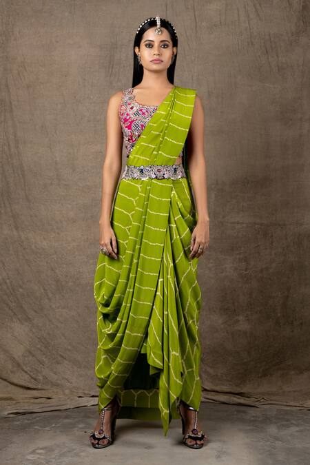 Nupur Kanoi_Green Silk And Crepe Coin, Sequin & Bandhani, Print Pre-draped Saree With Blouse_Online_at_Aza_Fashions