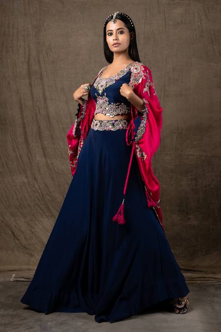 Nupur Kanoi_Pink Silk And Crepe Coin & Sequin, Zardozi Round Hand Embroidered Cape Pant Set_Online_at_Aza_Fashions