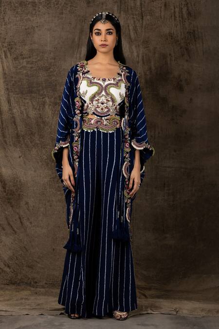 Nupur Kanoi_Blue Crepe Coin, Sequin And Bandhani, Zardozi Round Print Cape Pant Set_Online_at_Aza_Fashions