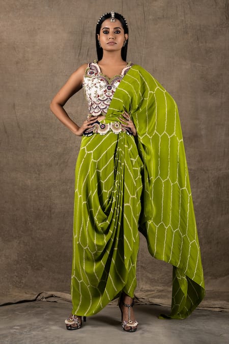 Shop_Nupur Kanoi_Green Crepe Embroidery And Print Pre-draped Bandhani Saree With Blouse  _at_Aza_Fashions