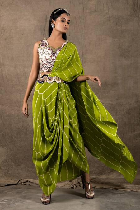 Buy_Nupur Kanoi_Green Crepe Embroidery And Print Pre-draped Bandhani Saree With Blouse  _Online_at_Aza_Fashions