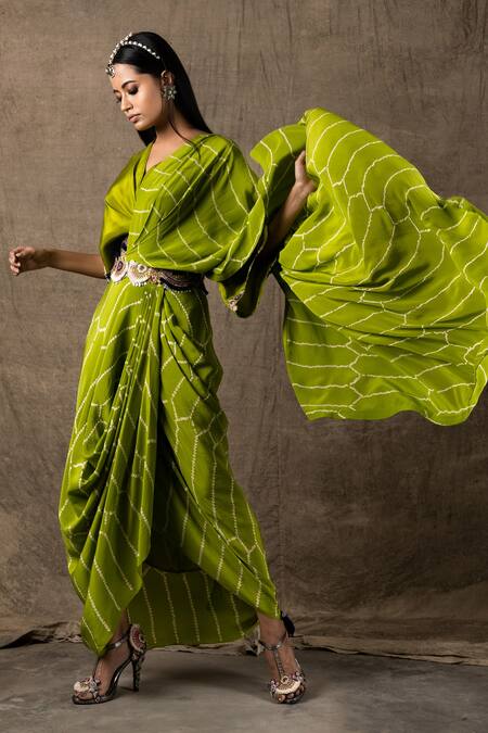 Nupur Kanoi_Green Silk And Crepe Coin, Sequin & Print Pre-draped Saree With Kaftan Top_Online_at_Aza_Fashions