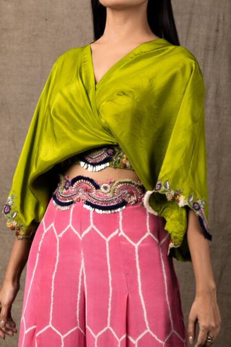 Nupur Kanoi_Pink Silk And Crepe Coin, Sequin & Bandhani, Zardozi V Neck Kaftan Top & Pant Set_Online_at_Aza_Fashions