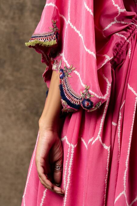 Shop_Nupur Kanoi_Pink Crepe Sequin And Bandhani, Zardozi Round Print Kaftan Jacket Pant Set_Online_at_Aza_Fashions