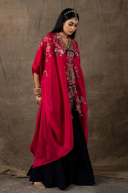 Nupur Kanoi_Blue Silk And Crepe Zardozi V Neck Jacket & Flared Pant Set_Online_at_Aza_Fashions