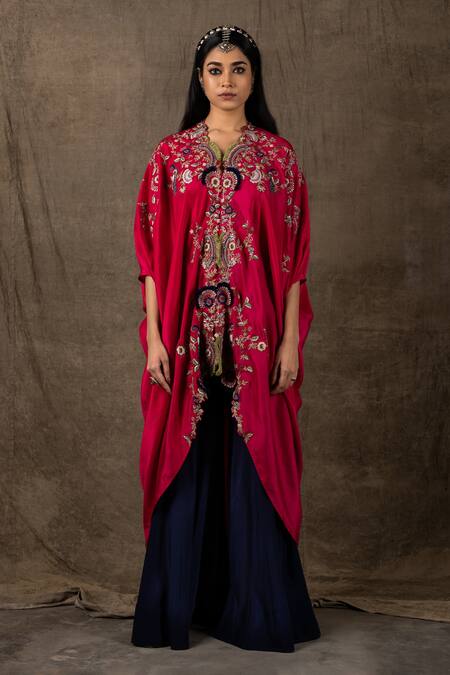 Buy_Nupur Kanoi_Blue Silk And Crepe Zardozi V Neck Jacket & Flared Pant Set_Online_at_Aza_Fashions