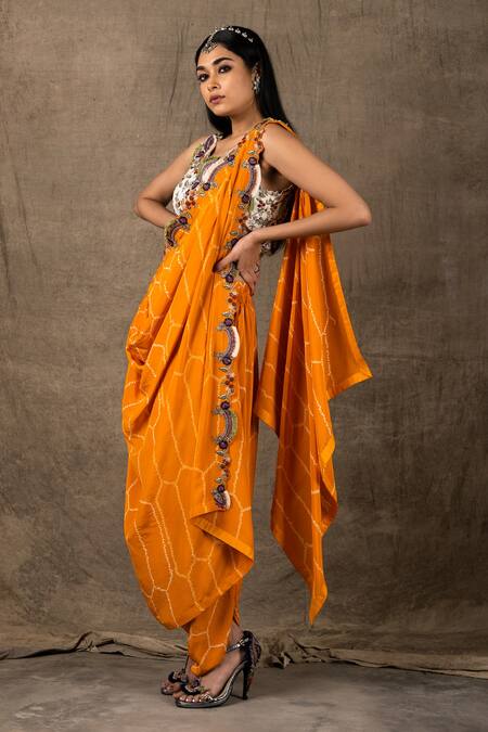 Nupur Kanoi_White Crepe Coin, Sequin And Bandhani, Zardozi Pre-draped Dhoti Saree With Blouse_Online_at_Aza_Fashions