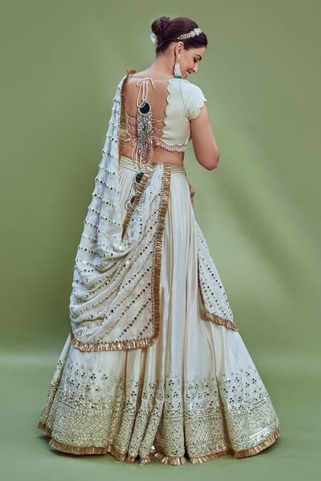 Shop Abhinav Mishra White Blouse Satin Glace, Lehenga Heavy Chanderi And Dupatta Linen Bridal Set at Aza Fashions Shop_Abhinav Mishra_White Blouse Satin Glace, Lehenga Heavy Chanderi And Dupatta Linen Bridal Set_at_Aza_Fashions