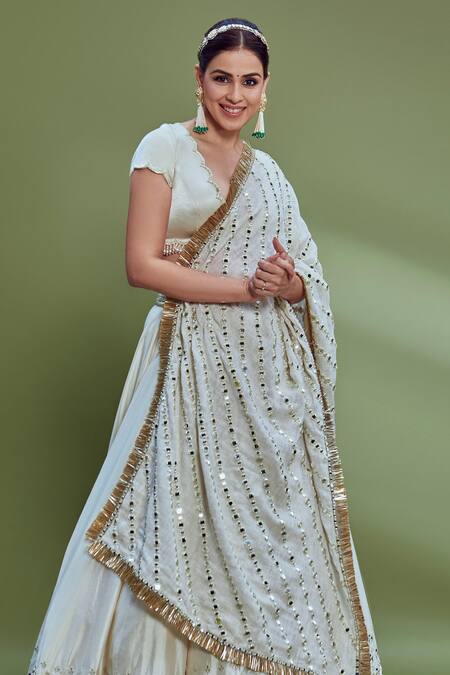 Shop Abhinav Mishra White Blouse Satin Glace, Lehenga Heavy Chanderi And Dupatta Linen Bridal Set Online at Aza Fashions Shop_Abhinav Mishra_White Blouse Satin Glace, Lehenga Heavy Chanderi And Dupatta Linen Bridal Set_Online_at_Aza_Fashions
