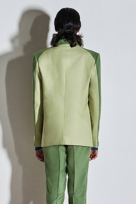 Buy_Line Out Line_Green Cotton Poly Blend Color Block Blazer_Online_at_Aza_Fashions