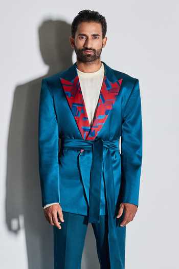 Line Out Line_Blue Silk Satin Geometric Double Breasted Jacket_Online_at_Aza_Fashions