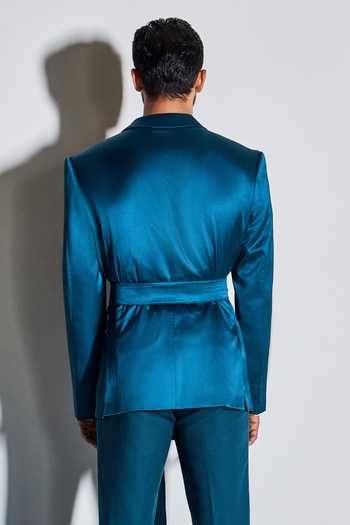 Buy_Line Out Line_Blue Silk Satin Geometric Double Breasted Jacket_Online_at_Aza_Fashions