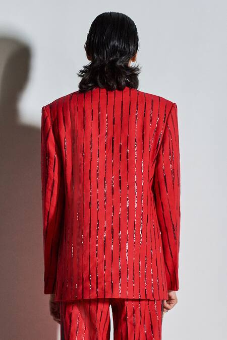 Shop_Line Out Line_Red Cotton Poly Blend Embroidered Tuxedo Jacket_at_Aza_Fashions