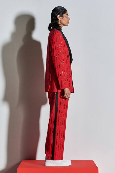 Line Out Line_Red Cotton Poly Blend Embroidered Tuxedo Jacket_Online_at_Aza_Fashions