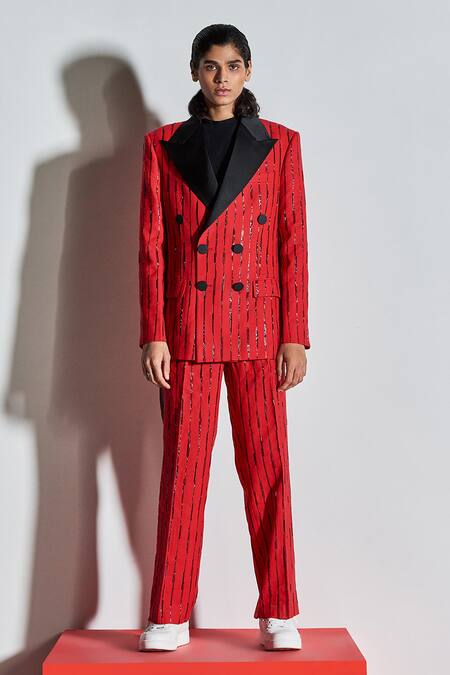 Buy_Line Out Line_Red Cotton Poly Blend Embroidered Tuxedo Jacket_Online_at_Aza_Fashions