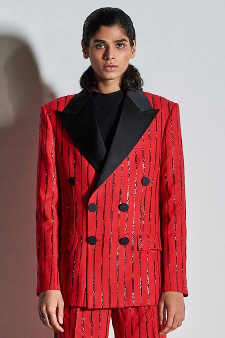 Shop_Line Out Line_Red Cotton Poly Blend Embroidered Tuxedo Jacket_Online_at_Aza_Fashions