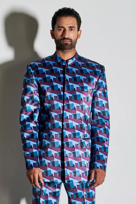 Line out line_Multi Color Dull Satin Geometric Bandhgala_Online_at_Aza_Fashions
