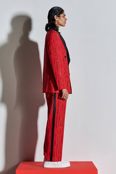 Line Out Line_Red Cotton Poly Blend Embroidery Straight Pants_Online_at_Aza_Fashions