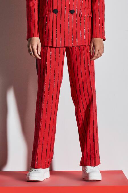 Buy_Line Out Line_Red Cotton Poly Blend Embroidery Straight Pants_Online_at_Aza_Fashions